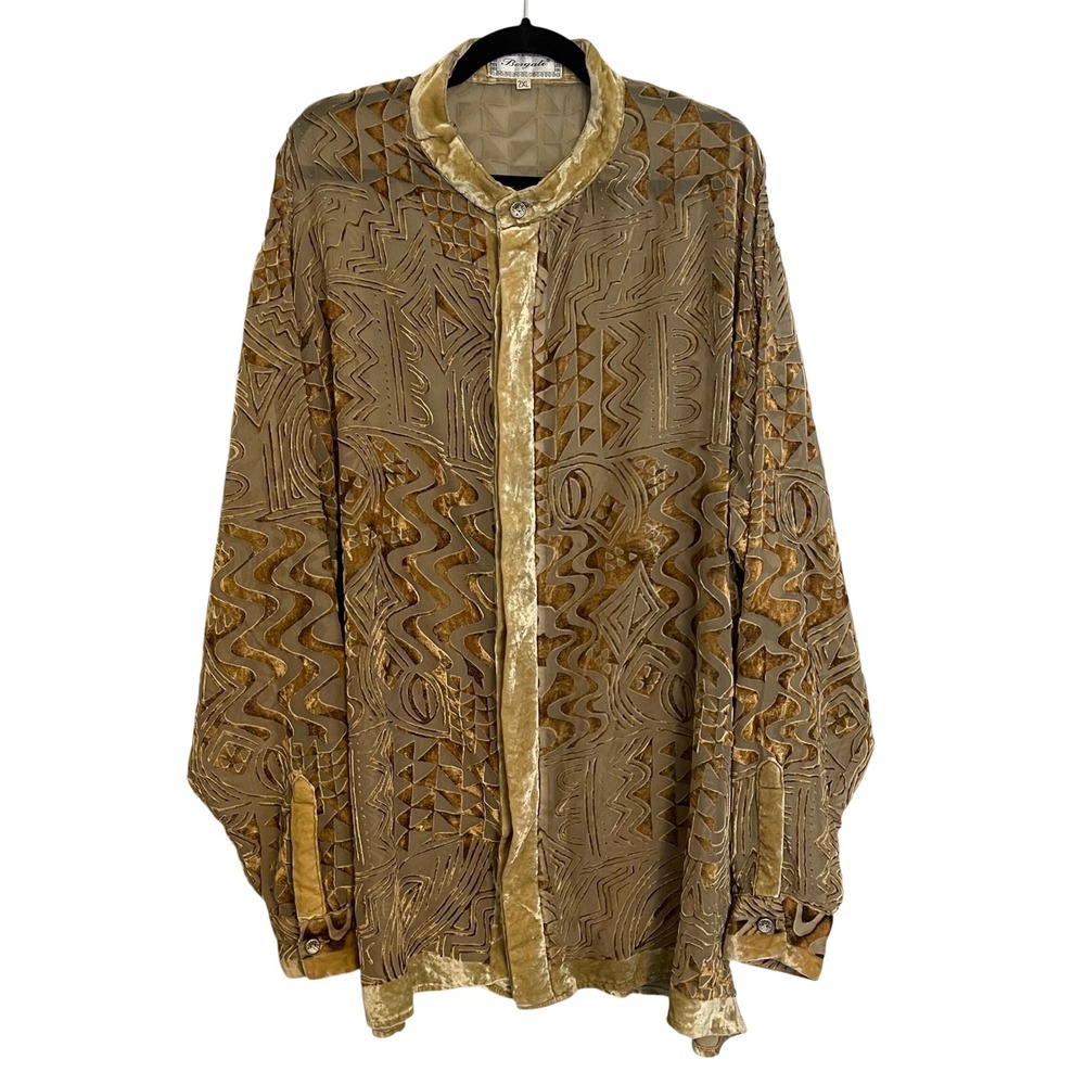 Bergati Gold Geometric Burnout Velvet Button Down Shirt 2XL Mandarin Collar